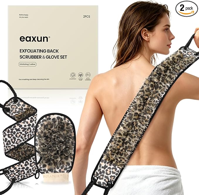 eaxun Exfoliating Back Scrubber with Two Handles & Glove for Shower, Dual-Sided Bath Exfoliator and Mitt with Mesh Loofah for Men, Women, Elderly, Deep Cleansing Body Washer Set - Leopard