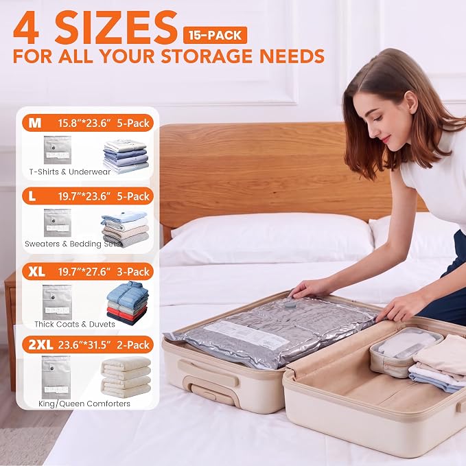 Vacuum Storage Bags with Electric Pump,15 Pack 4 Sizes Thickened Space Saver Bags,Airtight Leak-Proof Compression Bags for Clothes,Comforters,Blankets,Bedding,Reusable Closet Organizer for Home Travel