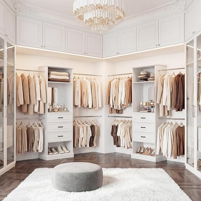 Unikito Closet System, 4FT - 9FT Closet Organizer with Mirror, Luxury Walk in Closet Insert with Drawers and 4 Hanging Rods, Sturdy Wood Wardrobe Closet Garment Rack with 25” Tower, White