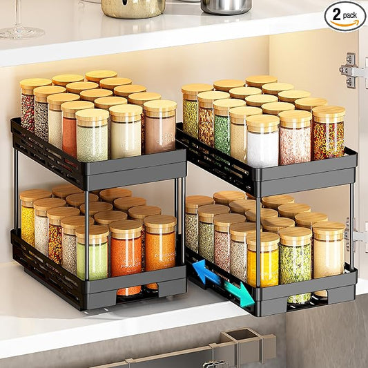 Pull Out Spice Rack Organizer for Cabinet, 2 Pack Widen Slide Out Spice Racks Organizer, Spice Cabinet Organizers, Cabinet Size Need:12'' Highx11'' Deepx6.75'' Wide,Hold 15 Spice Jar Each Tier-2Tier