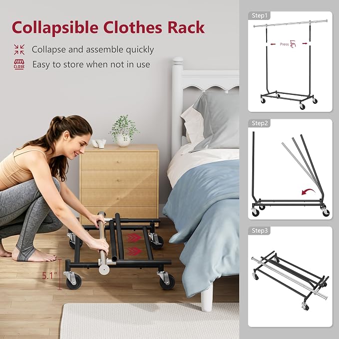 Tajsoon Collapsible Clothes Racks with Wheels, Metal Clothing Rack and Height Adjustable, Heavy Duty Foldable Garment Rack Load 300 LBS, Commercial Rolling Racks for Bedroom, Living Room, Store, Black