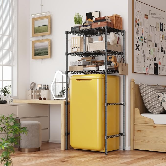 REIBII 3-Tier Mini Fridge Shelf with Storage, 264LBS Metal Shelving with 8 Hooks, Adjustable Height Organizer for Dorm, Kitchen, Apartment & Office, Microwave Rack, 26.38" Wx18.1 Dx65.36 H, Black
