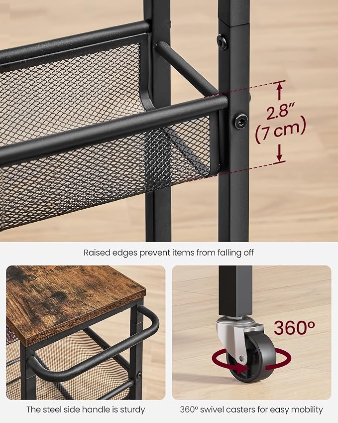 VASAGLE 6-Tier Slim Rolling Storage Cart, Narrow Kitchen Cart with Wheels, Utility Organizer, 17.9 x 8.7 x 51.7 Inch, for Bathroom Pantry, Rustic Brown and Matte Black, Dacey Collection ULRC039K101