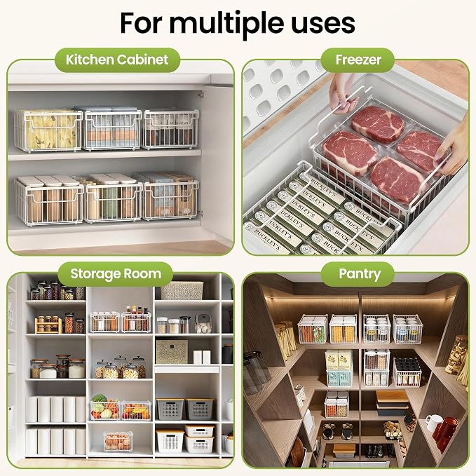 MSERCUOR Freezer Organizer Bins, 6 Pack Big Stackable Deep Chest Freezer Organizer Bins, Foldable Baskets with Handles, White Storage Container Baskets for 5 to 9 Cu.FT Deep Freezer Sort Frozen Meats