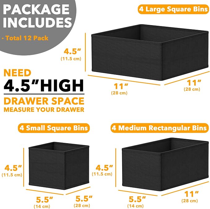 SpaceAid Drawer Organizer Clothes, 12 Pack Dresser Organizer Bins for Nursery, Closet Organization and Storage Dividers for Clothing, Baby Clothes, Underwears, Socks (Black)
