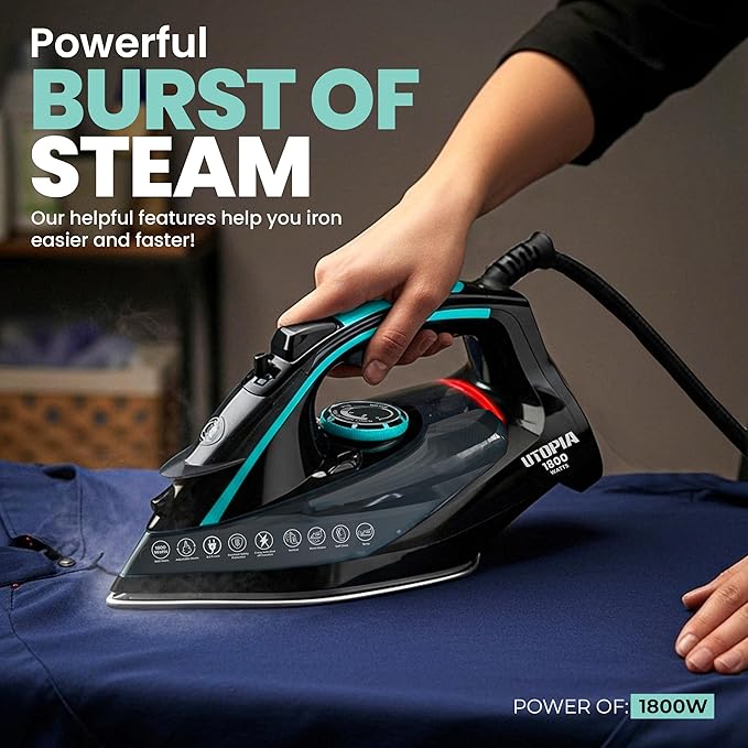 Utopia Home Steam Iron for Clothes - Non-Stick Soleplate - 1800W Clothes Iron With Auto-Off Safety Feature - Adjustable Thermostat Control, Variable Steam Control, Self-Clean, 8 Feet Cord (Black/Teal)