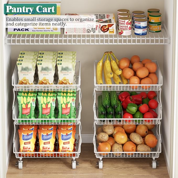 Giwil 3-Tier Rolling Pantry Organizers Fruit Vegetable Storage Basket Cart | 23.62"H under pantry shelf, metal frame, extra standing feet, kitchen produce wire basket for snack fruit onion potato, white