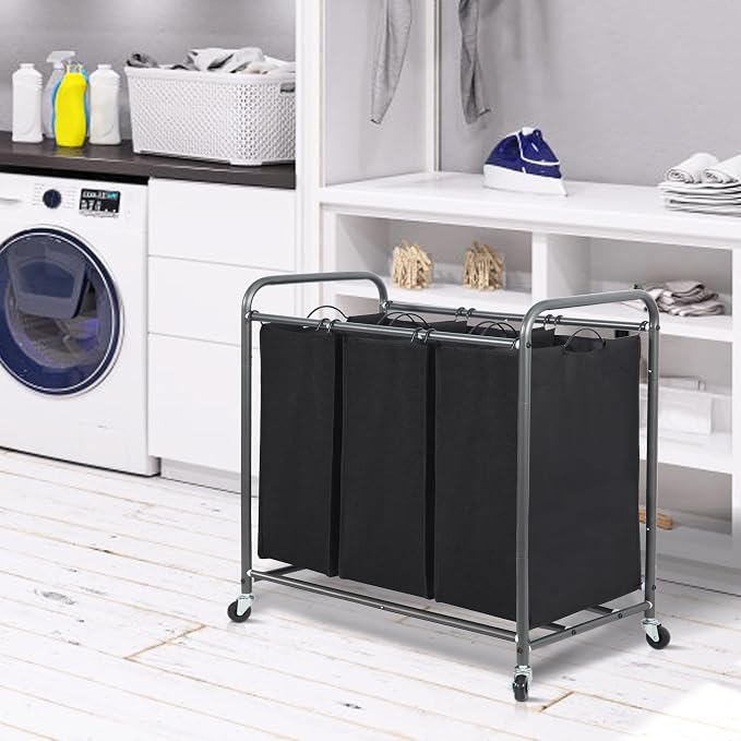 STORAGE MANIAC 3 Section Laundry Sorter, 35.6 Gal (135 L) Laundry Hamper Cart with Heavy Duty Rolling Lockable Wheels and Removable Bags, Clothes Organizer Basket Separator Hamper, Black