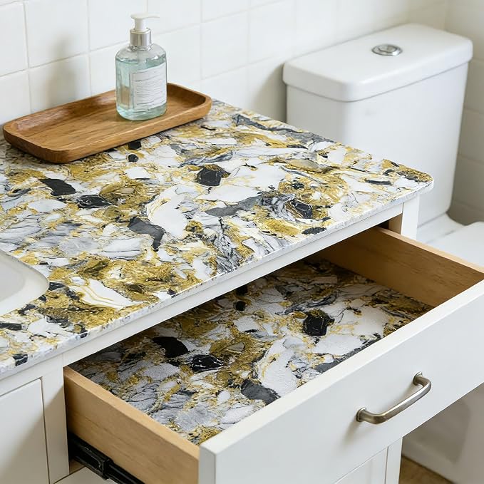 Drawer and Shelf Liner - Yellow Black Marble Pattern,Non Adhesive Non Slip Waterproof Easy-Clean Liner for Kitchen Cabinet, Refrigerator, Bathroom, Pantry Storage Drawers, 12 in x 20 Ft