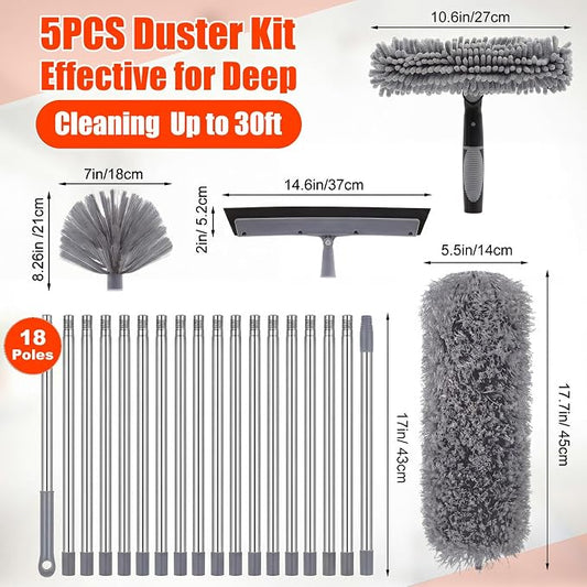 30 Feet High Reach Duster Kit with 2-24 ft Extension Pole High Ceiling Dusting and Window Cleaning Kit with Window Washer & Squeegee, Cobweb Duster, Washable Head for Ceiling Fan(Gray)