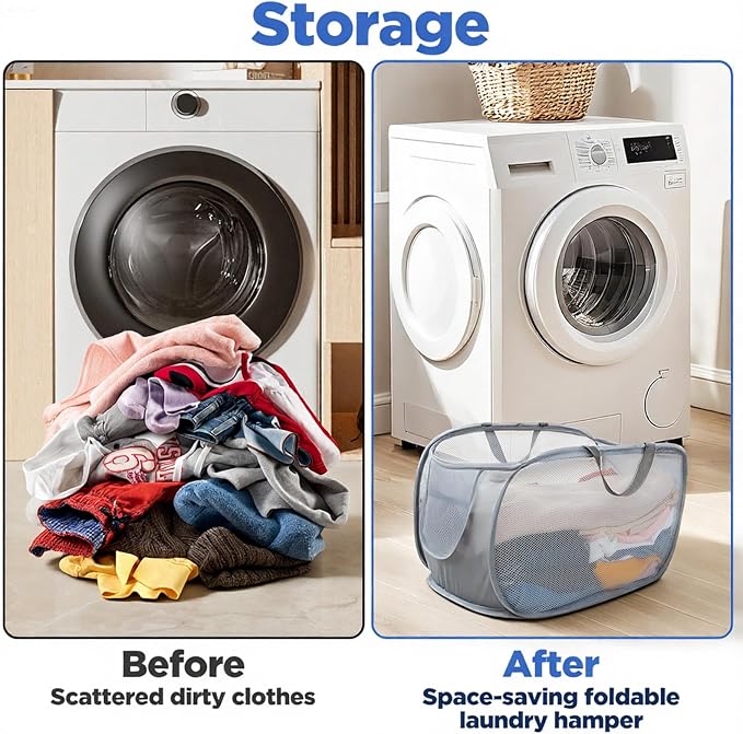 Foldable Laundry Basket Set of 4, Durable Mesh Material, Easy Carry Handles, Perfect for Home, Dorm, Travel - Beige, Navy, Black, Grey