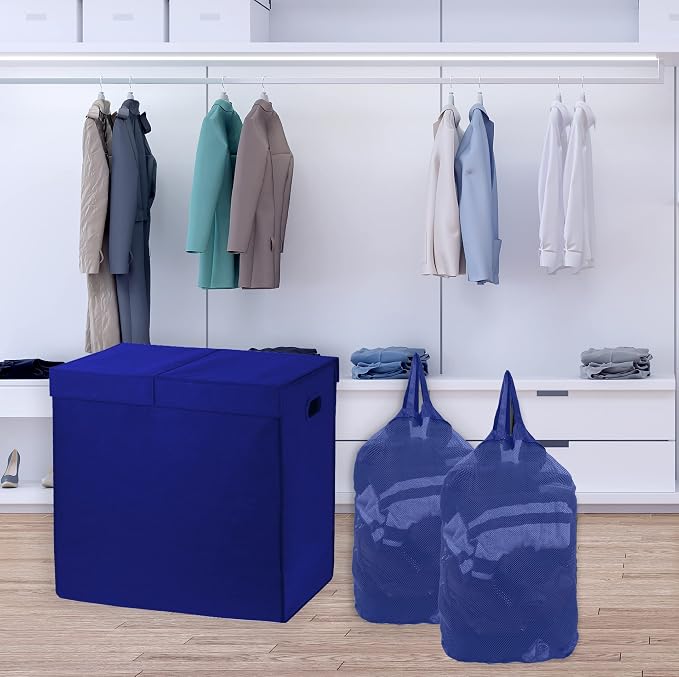 Simple Houseware Double Laundry Hamper with Lid & Removable Bags, Dark Blue
