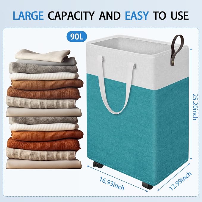 HomeHacks 90L Rolling Laundry Basket with 4 Wheels Collapsible Green | 4 Wheels, Waterproof PEVA Lining, Cotton Flax Fabric, Metal Frame, Bathroom Laundry Room Dorm Storage, Space-Saving Design