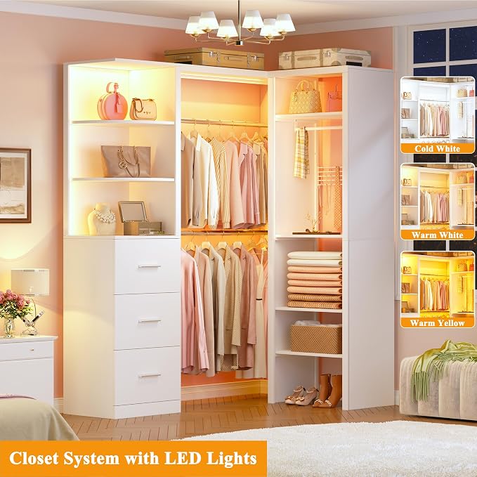 HUAHUU Large Corner Closet System with 3 Drawers and 6 Shelves, 77'' Reversible Closet Organizer System with LED Lights & 8 Jewelry Hooks, White Walk-in Closet with 3 Hanging Rods, L Shaped/Straight