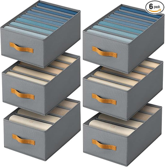 DIMJ Wardrobe Clothes Organizer - 4/5/7 Grids Foldable Closet Drawer Organizer Dividers for Jeans, Pants, Sweater, T Shirt, Storage Bins with Handles for Shelf
