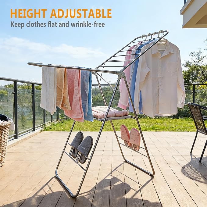 Clothes Drying Rack Foldable -Height Adjustable Laundry Drying Rack Large Space, Winged Laundry Rack with Sock Clips for Hanging Towels Clothes Dress Bedding Indoor Outdoor, Gray