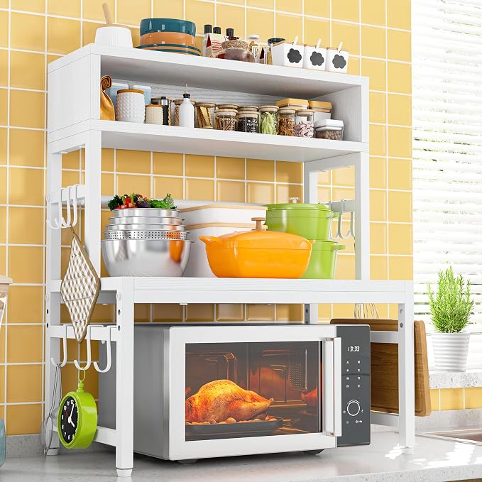 EnHomee 4-Tier Microwave Stand for Kitchen Storage, White | 205 lb Capacity, Adjustable Kitchen Shelves with 9 Hooks & Cutting Board Rack