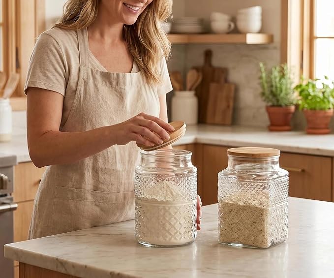 Prettidecor 60 FL OZ Large Glass Storage Jar with Bamboo Lid 2 Pack | Kitchen Laundry Room Organization Jar for Cookies Coffee Flour Sugar Laundry Pods Detergent Airtight Glass Jars