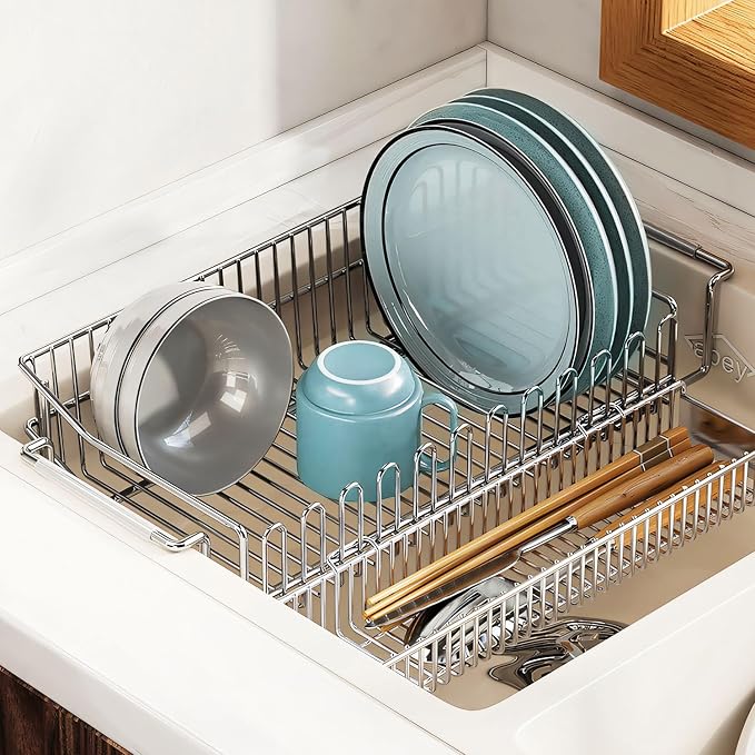 Dish Drying Rack in Sink, Extendable 304 Stainless Steel Dish Drainer for Kitchen Counter, Over The Sink with Utensil Holder, Corrosion Resistant Space Saving Drainage Basket