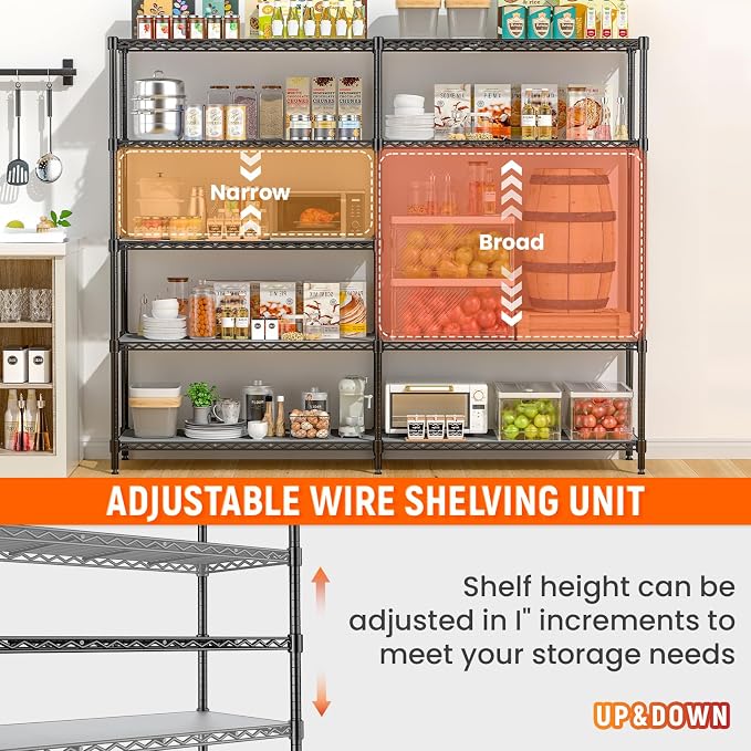 70" W Storage Shelves 1430 LBS Heavy Duty Wire Shelving, 5 Tier Adjustable Metal Garage Shelving, Pantry Kitchen Storage Rack with Liners, DIY L-Shaped Corner Shelf, 70" W x 16" D x 72" H