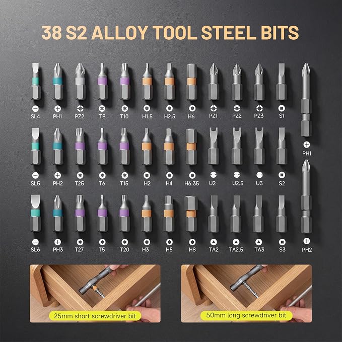 42 in 1 Magnetic Ratchet Screwdriver Set, 38 S2 Alloy Steel Bits, Detachable Handle, with Case, for Home, DIY, Bicycle and Electronics Repair