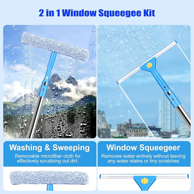 10 Feet Professional Squeegee Window Cleaner Tool with Extension Pole | Car Windshield Cleaning Kit with Long Handle, Queegee & Scrubber, Window Washing Equipment for Indoor Outdoor Windows & Glass