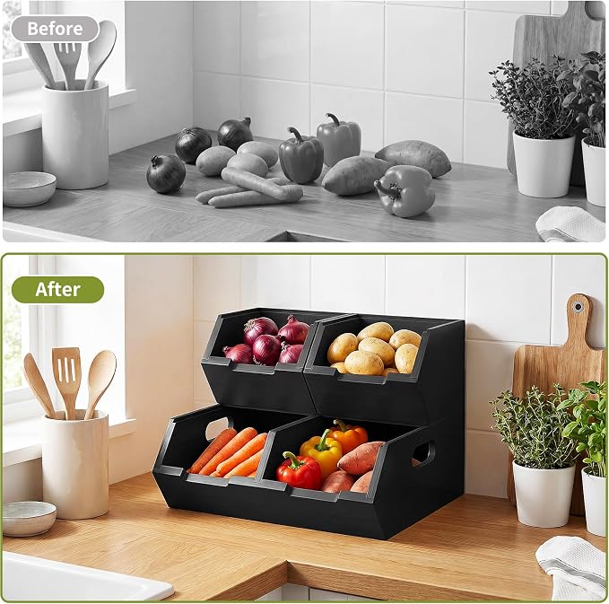 Bamboo Pantry Storage Bins, Potato and Onion Storage Bins for Countertop | Open Front Storage Bins, Large Capacity, Stackable Design, Cut-out Handles, FSC-certified Bamboo, No Assembly, Black