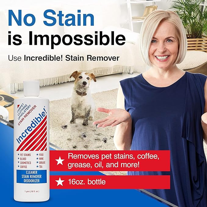 INCREDIBLE! Stain Remover | Instant Spot Remover for New & Old Stains | Cleaner, Stain Removal, Deodorizer - For Blood, Red Wine, Coffee, Urine & Pet Stains | Carpets, Laundry & Upholstery | 2 Pack