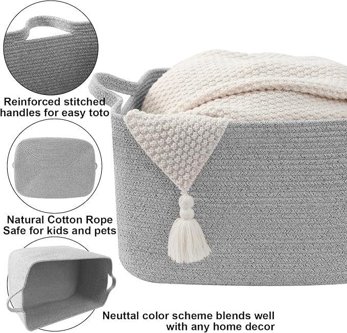 65L Large Laundry Basket with Handles, Woven Blanket Basket, Grey | 21"×16"×12" Collapsible Cotton Rope Storage Basket for Toys Clothes & Pillows, Nursery, Bathroom, Bedroom, Living Room