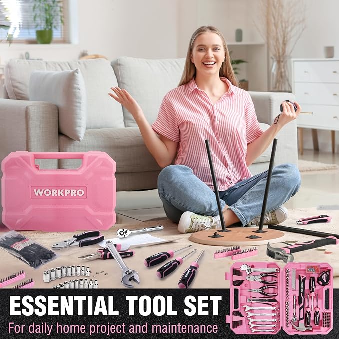 WORKPRO 284PCS Pink Tool Set, Portable Home Basic Tool Kit Box for Women | Household Case with Hammer, Ratchet Sockets, Pliers, Screwdrivers, Repairing Tool Kit, House-Warming, DIY - Pink Ribbon