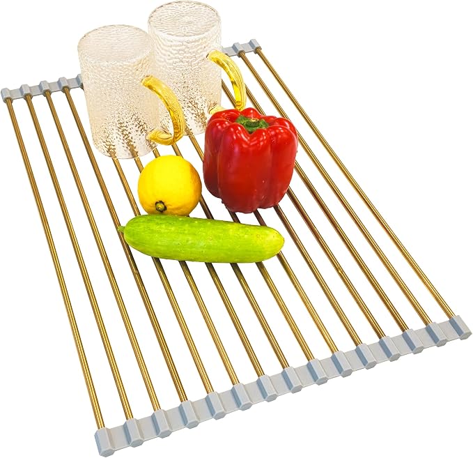 Gold Roll Up Dish Drying Rack Over Sink, Foldable Stainless Steel Drainer Non-Slip Sink Drying Rack Sink Accessories for Kitchen Countertop (17.8×11.8in)
