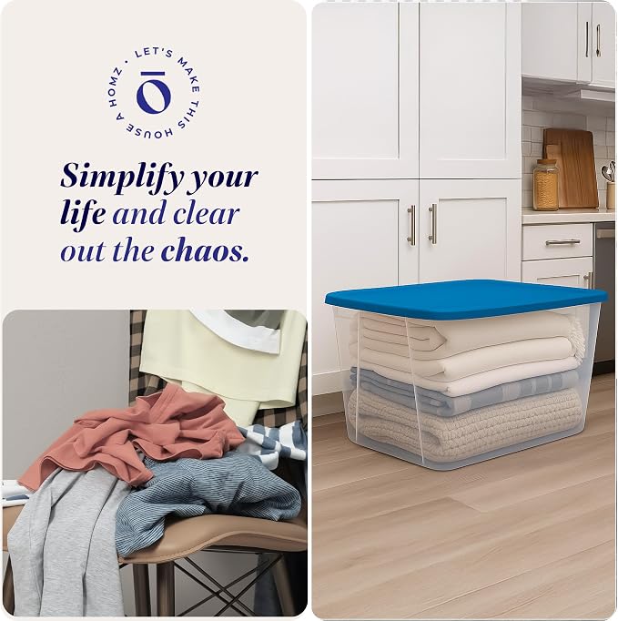 HOMZ Snaplock Clear Plastic Bin 56 Quart/14 Gallon | Storage Tote with Secure Lid | for Home, Office, Garage, Dorm Room Organizer | Stackable & Nestable | Blue Lid, Pack of 2