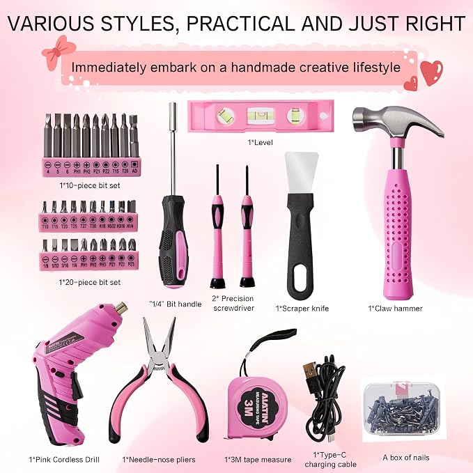 Pink Tool Set for Women,40-Pc Drill Set with Tool Box,Complete Home DIY Kit for Beginners, Crafting & Quick Fixes