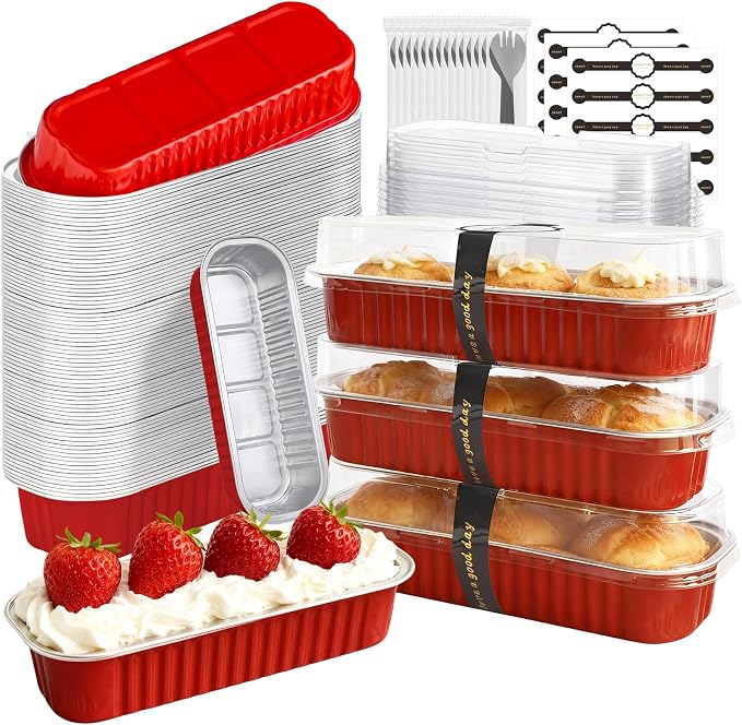 Mini Cake Pans with Lids and Spoons 200 Pack, Mini Loaf Pans with lids 6.8oz, Small Disposable Aluminum Foil Loaf Pans, Rectangular Baking Container for Party, Picnics and Housewarming (Red)