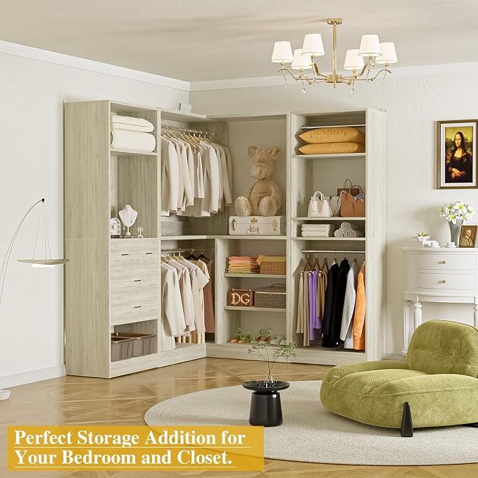 Unikito 86 Inch Closet System, 3 Sets Corner Closets Organizer with Hanging Rods and Mirror Design, Freestanding Adjustable Wood Clothes Garment Rack with Drawers, Sturdy Walk in Closet Kit, White Oak