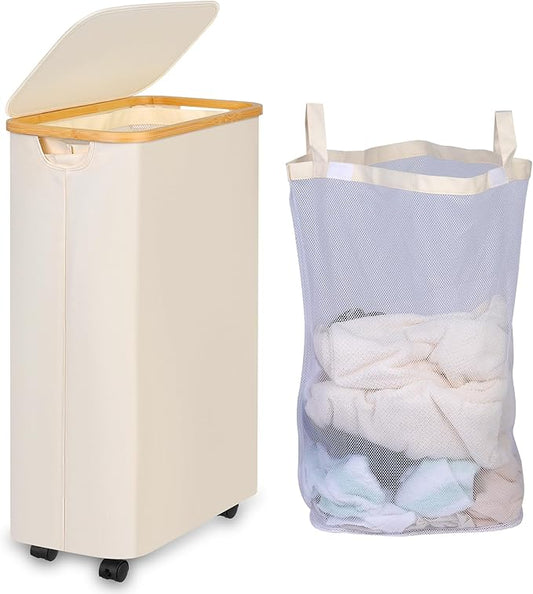 iEGrow 75L Slim Laundry Hamper, Narrow Laundry Basket with Lid,Foldable Clothes Hamper with Wheels,Hamper Basket with Removable Inner Bag for Laundry Room Bedroom College Dorm,17.17 Gals Grey