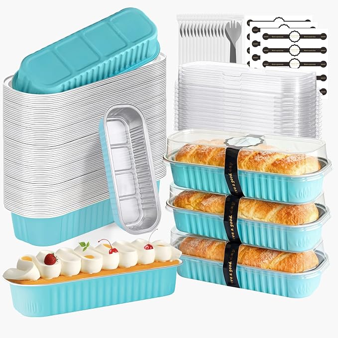 100 Pack Mini Cake Pans with Lids and Spoons, Mini Loaf Baking Pans 6.8oz, Small Disposable Aluminum Foil Loaf Pans, Rectangular Baking Containers for Party and Picnics, Cheesecake Pans (Blue)