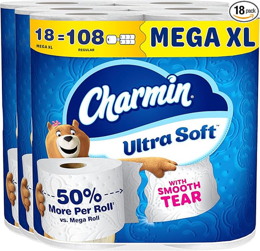 Charmin Ultra Soft Toilet Paper, 18 Mega XL Rolls = 108 Regular Rolls
