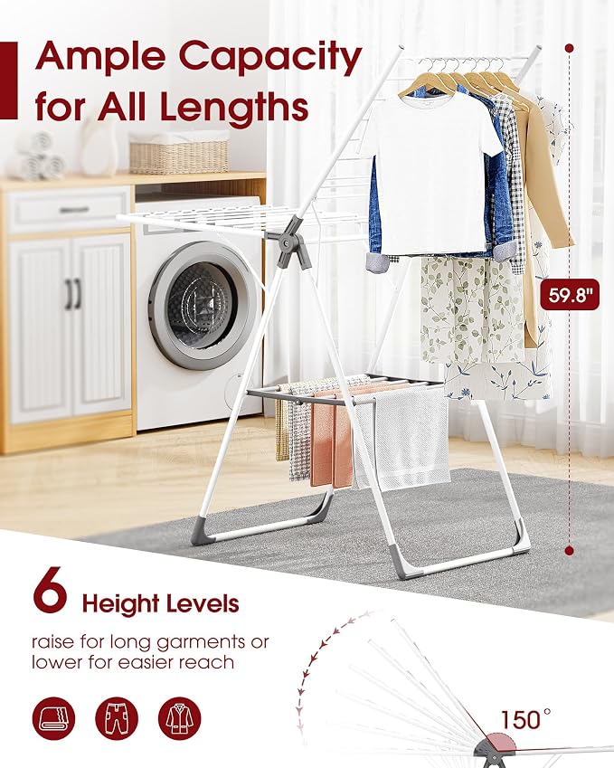 Sakugi Clothes Drying Rack, 55.5" Adjustable Wings, Foldable Design | Laundry Room, Bedroom, Outdoor & Indoor Use, Height Adjustable, Collapsible, White Gray, 55.5" L × 22.8" W