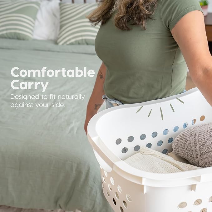 IRIS USA Plastic Laundry Basket 1.5 Bushel (50L), Built-In Handles, White | Clothes Hamper with Ventilation Holes, Reinforced Rim, Hip Hold Design, Large capacity