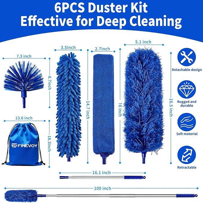Dusters 6-in-1 Kit, Duster with Extension Pole 100 Inches, Dusters for Cleaning, Cobweb Duster, Microfiber Feather Gap Duster Cleaner for Fans, Blinds, Cars and Furniture