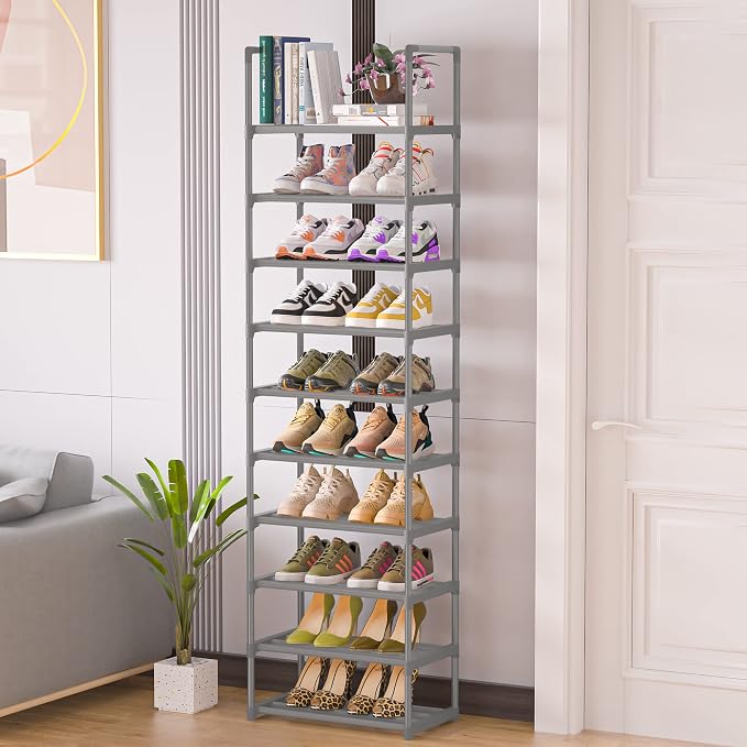 OYREL 10-Tier Metal Shoe Rack, Narrow Shoe Rack Organizer, Sturdy Shoe Shelf for Closets, Entryway, Bedroom, Garage - Silver | Closets, Entryway, Bedroom, Garage, Space Saving Tall Shoe Shelf, Free Standing Boot Storage Racks, Silver