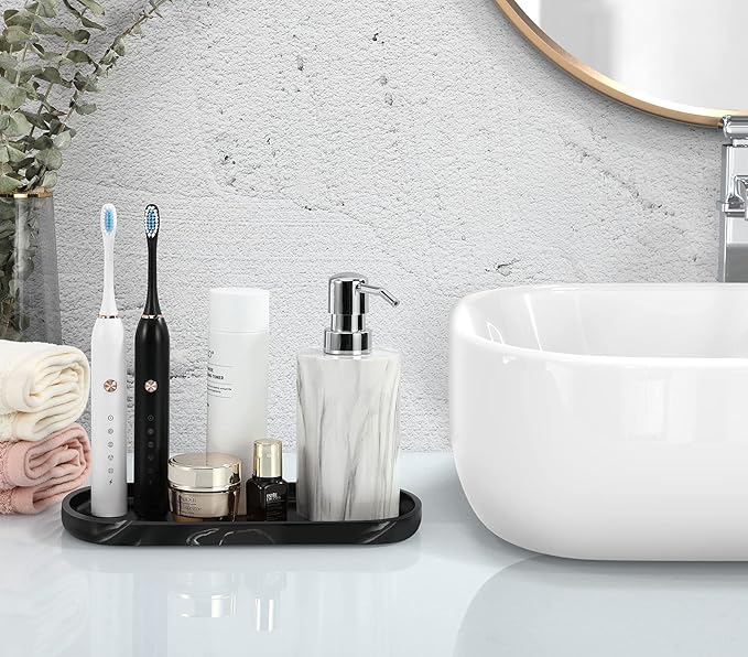 Luxspire Bathroom Vanity Tray Kitchen Soap Tray, Oval Toilet Tank Tray, Bathroom Countertop Organizer Tray for Jewelry Perfume Soap Dispenser Candle - 9.8 Inch, Matte Ink Black