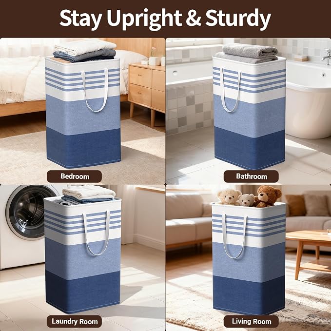 WOWBOX 2 Pack Laundry Baskets, Laundry Hampers, Freestanding Dirty Clothes Hampers with Reinforced Handles & Cross Stitch & Waterproof Coating, for Laundry Bedroom Bathroom Dorm,88L Blue