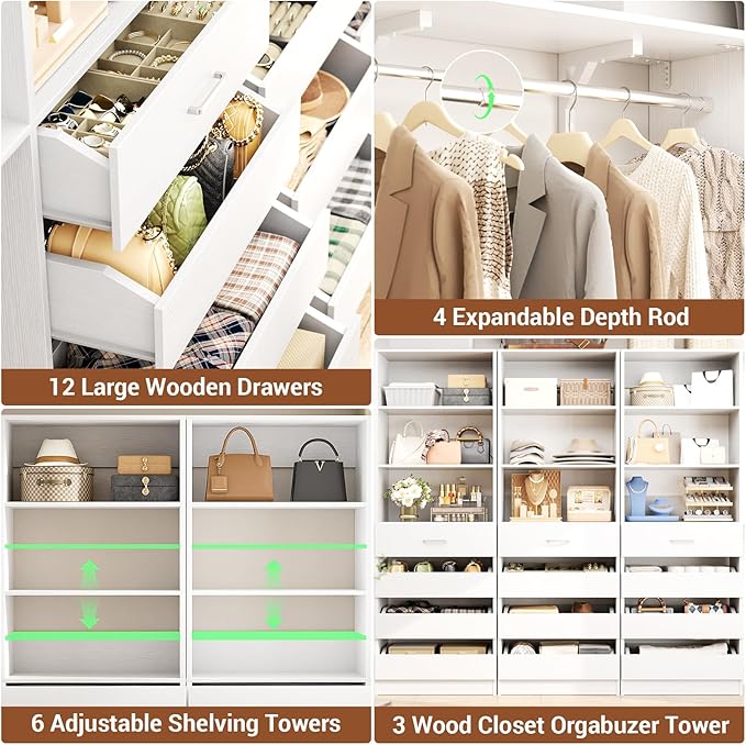 Aheaplus Closet System with 12 Drawers, 138.5" Wood Closet Organizer System with 4 Hanging Rods & Top Shelves, 6.7+4.85Ft L Shaped Corner Walk-in Closets Wardrobe Organizer Rack, Set of 3, White