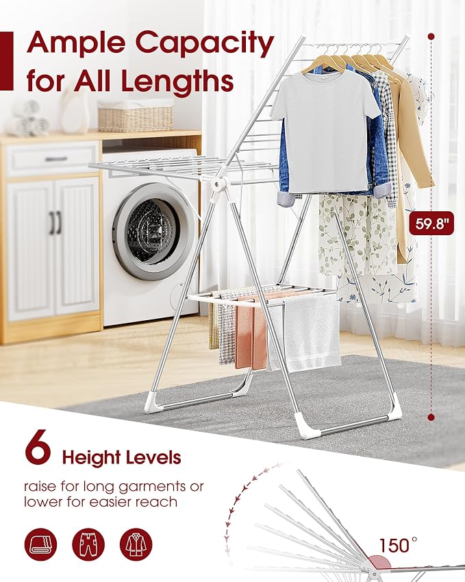 Sakugi Clothes Drying Rack, 55.5" Adjustable Wings, Foldable Design | Laundry Room, Bedroom, Outdoor & Indoor Use, Height Adjustable, Collapsible, Silver White, 55.5" L × 22.8" W