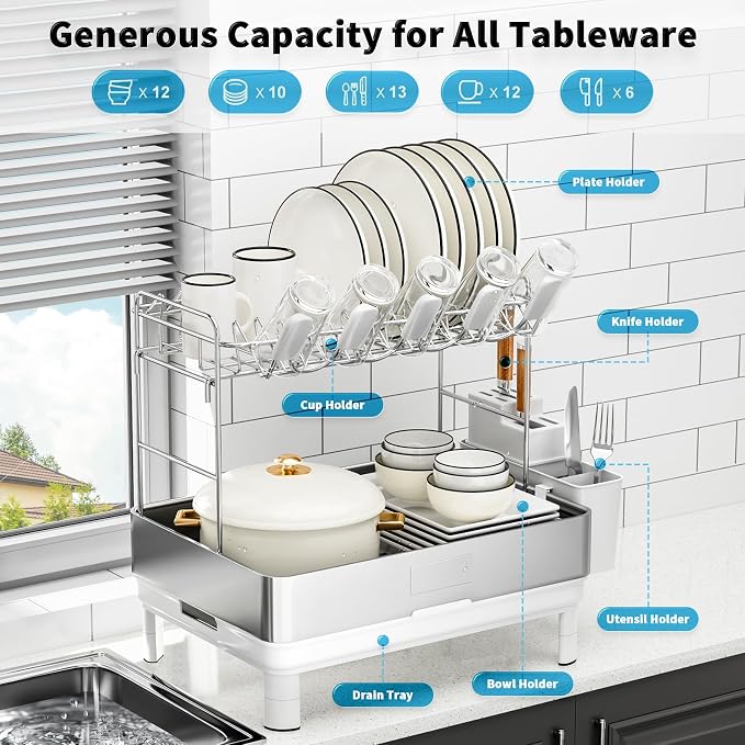 Ewaiira Dish Drying Rack, 2 Tier Large Dish Rack, Stainless Steel Dish Drainer for Kitchen Counter, Dishes Rack with Automatic Drainage, Utensil Holder&Cups Holder,Space Saving Kitchen Organizer,White