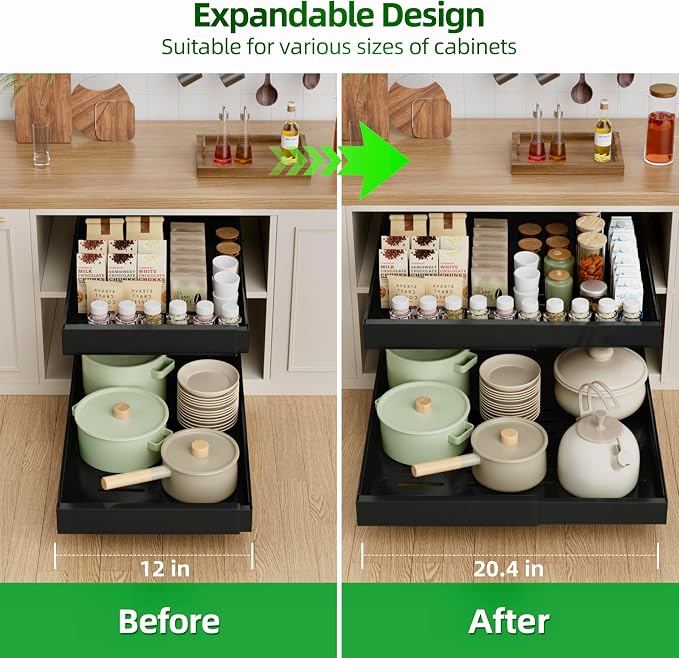 PAKETA 2 Pack Expandable Pull Out Cabinet Organizer,21" Deep | Pull Out Drawers for Cabinets with width from 12" to 20",Sliding Drawers for Cabinets with Upgrade 3 Slide Rails,hold 65 lbs