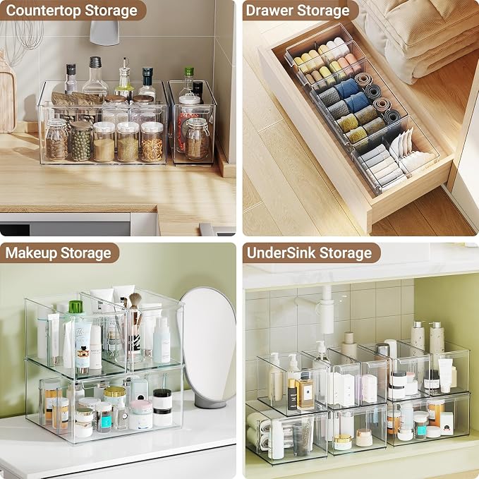 Clear Plastic Storage Bins with Dividers for Fridge Pantry Organizers and Storage Containers, 6 Pack Acrylic Stackable Sturdy Storage Boxes for Home Edit and Cabinet Organizers 6" High, C6-3