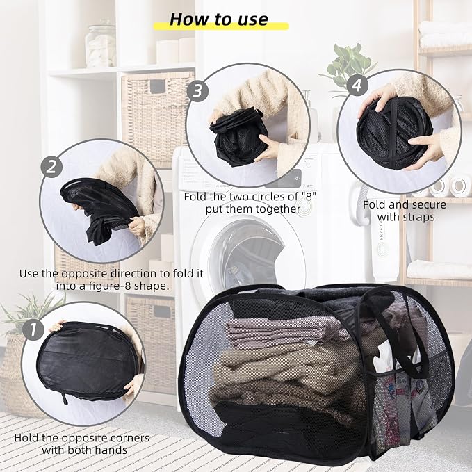 Collapsible Laundry Basket, 90L Mesh Pop-up Hamper with Handles | Foldable Storage Clothes Bag for Laundry, Bathroom, Dorm, Travel, Camping, Space-saving, Black, 2PCS